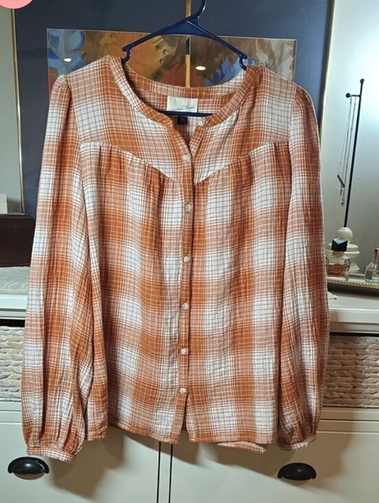 Universal Thread Tops - Universal Thread Lightweight Orange Plaid Button-Front Women's Top Shirt Medium